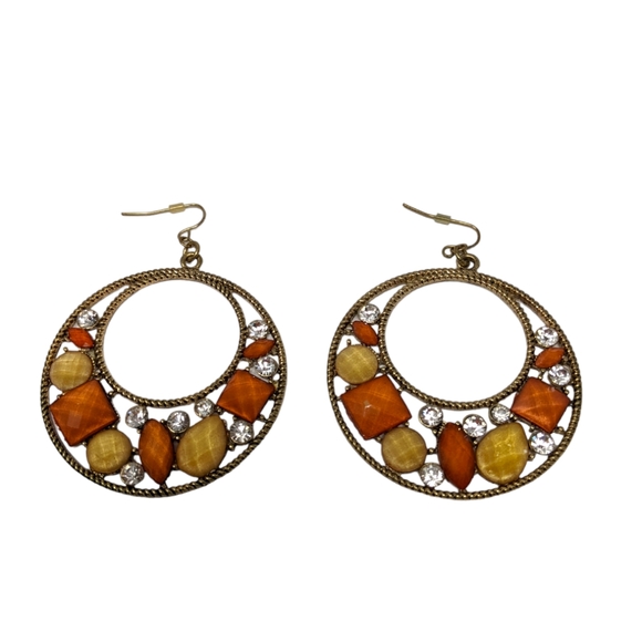 Jewelry - Large Circle Dangle Earrings Orange Yellow Rhinestones Gold Tone Piereced